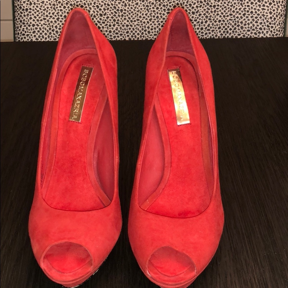 Red suede platform peep toe heels